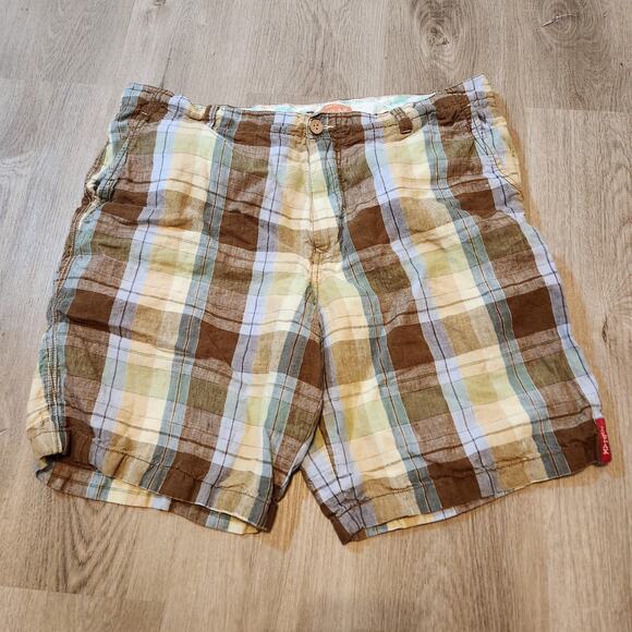 Tommy Bahama Relax Size 38 Plaid Shorts 100% Linen Brown Blue Yellow Beachy - Picture 1 of 8